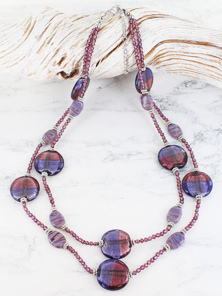 Double Strand Glass Disc Necklace Purple