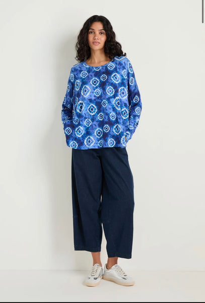 Tie Dye Circles Jersey Boxy Top Blue White