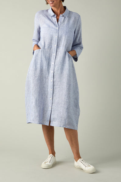 Ticking Linen Striped Shirt Dress Blueberry/White