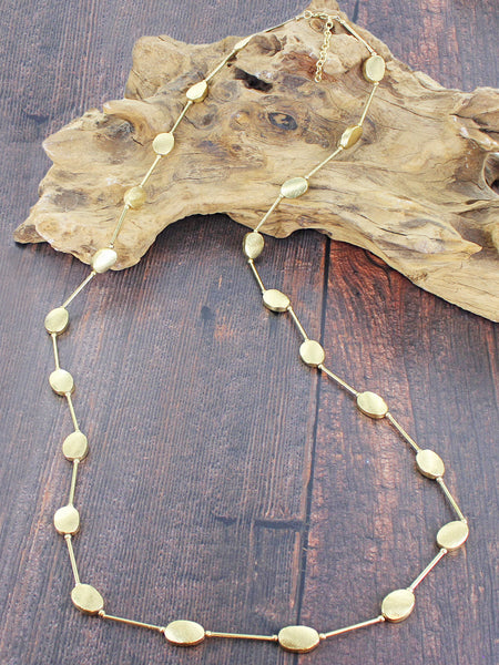 Long Golden Oval Disc Necklace