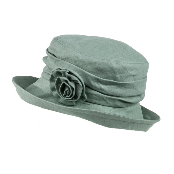 Linen Cloche Hat with Soft Brim & Detachable Flower Brooch