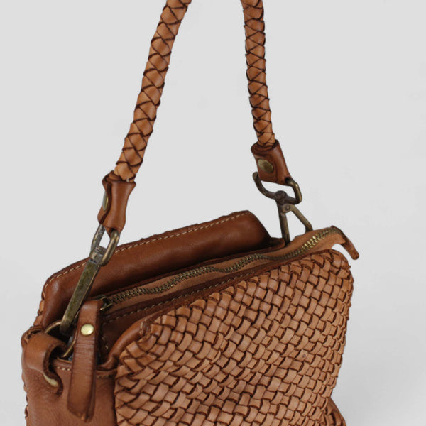 Woven Leather Handbag with Shoulder Strap Cognac and Black