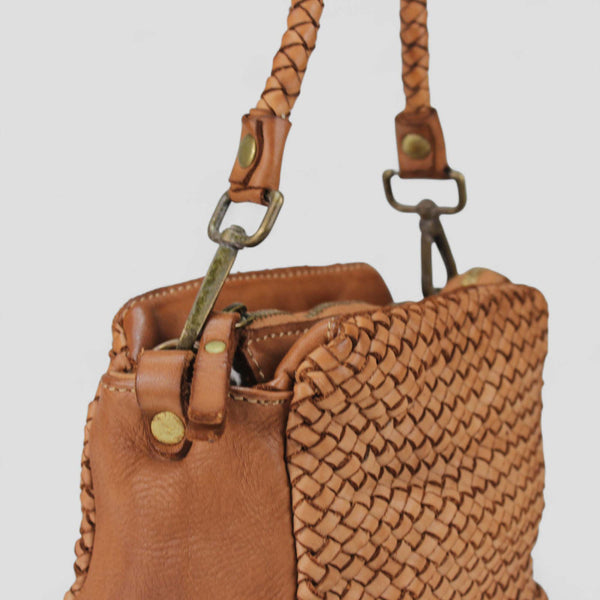 Woven Leather Handbag with Shoulder Strap Cognac and Black