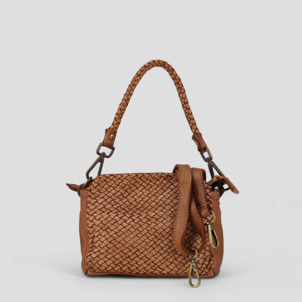 Woven Leather Handbag with Shoulder Strap Cognac and Black