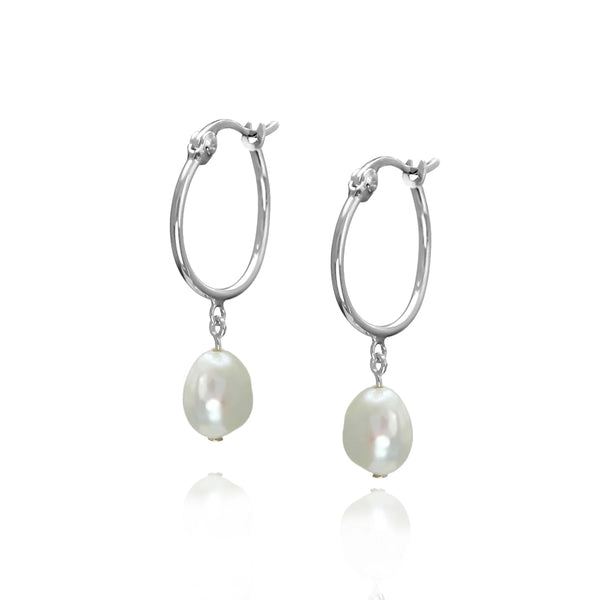 Silver Huggie Hoop Earrings with White Pearls