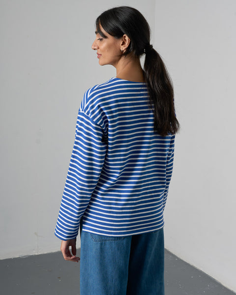 Zoe Relaxed Tee in Med Blue Stripe
