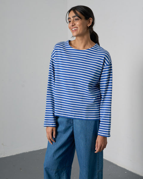 Zoe Relaxed Tee in Med Blue Stripe